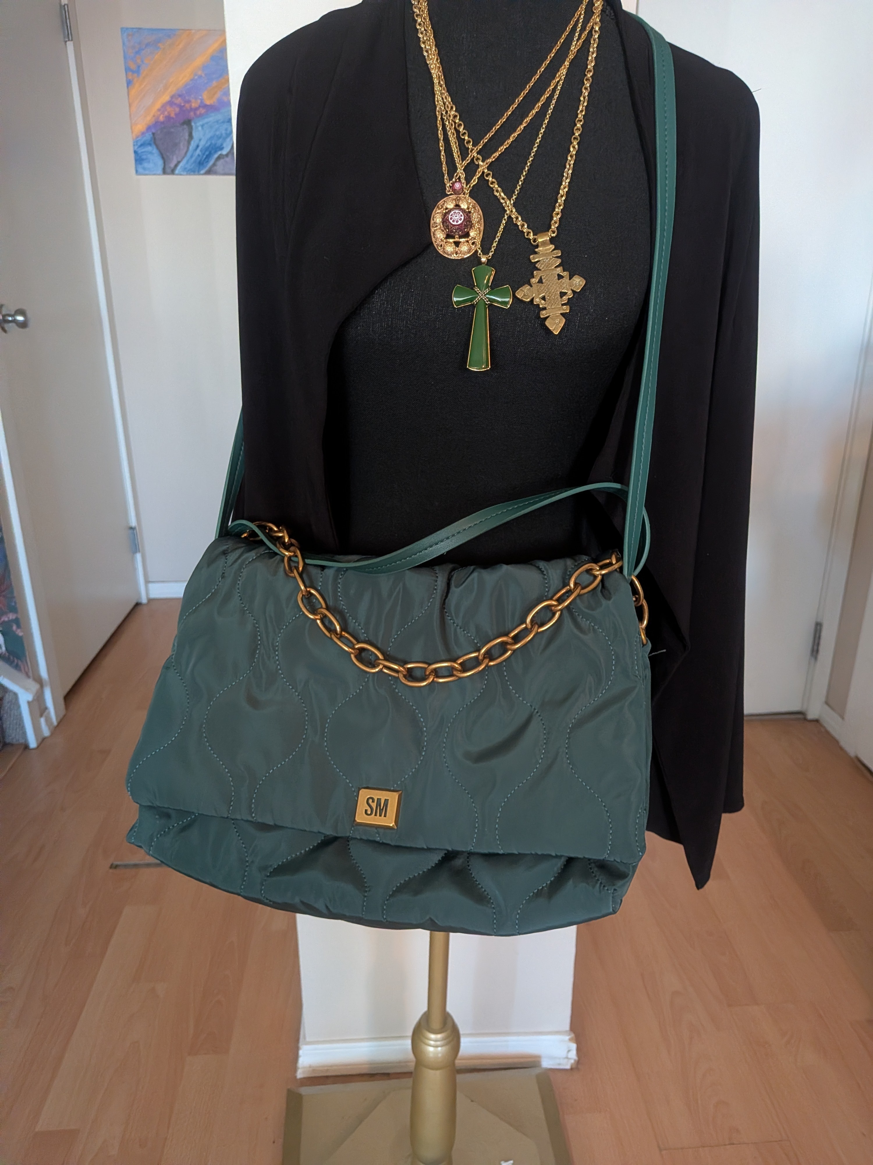 Steve Madden Bclove Quilted Nylon Shoulder Bag In Green With A Gold Chain Detail